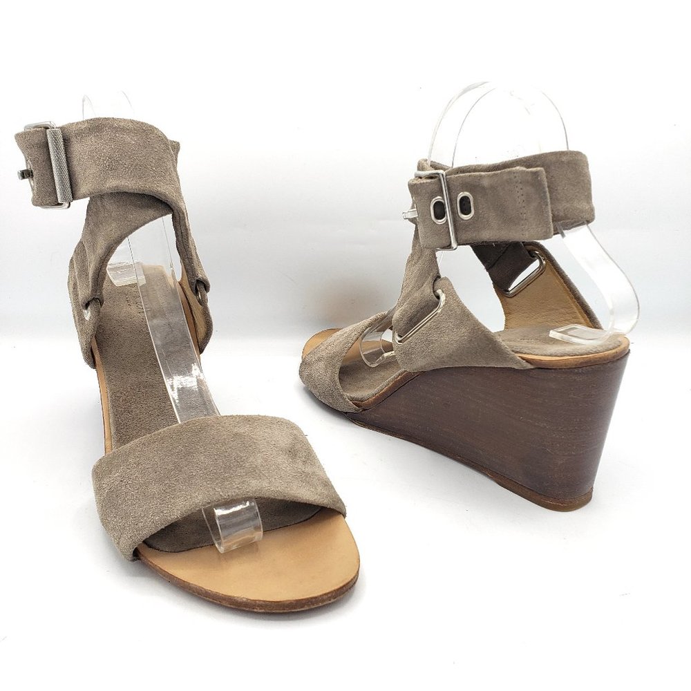 Rag Bone Damien Sandals Gray Suede Wrap Ankle Strap Brown Wedge Heel 10
